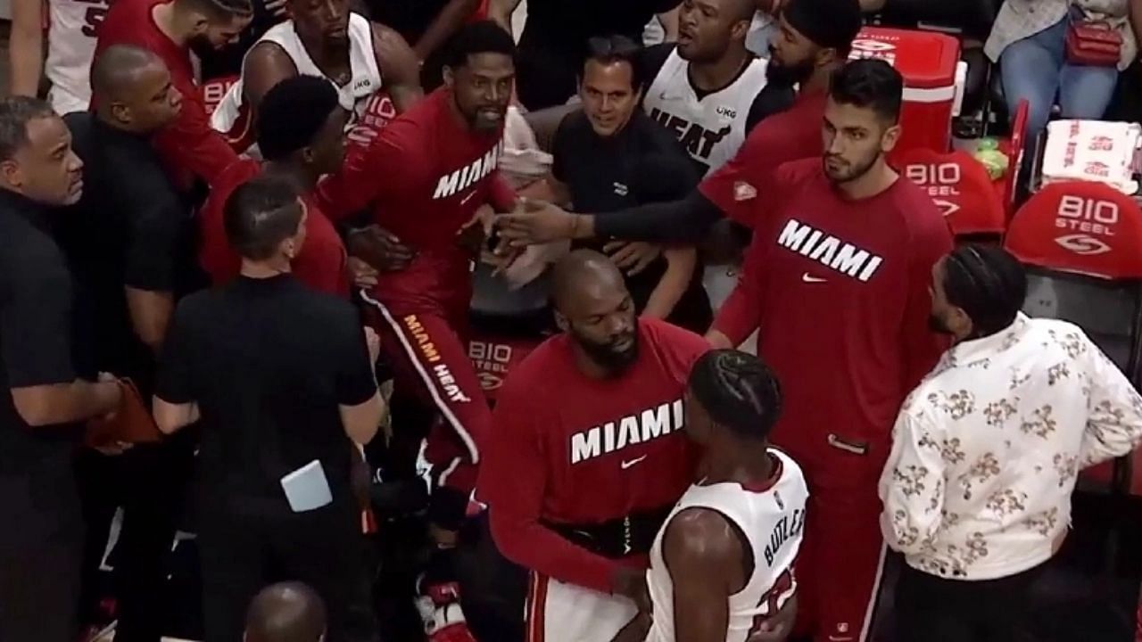 Udonis Haslem and Jimmy Butler scuffle. (Photo: The SportsRush)