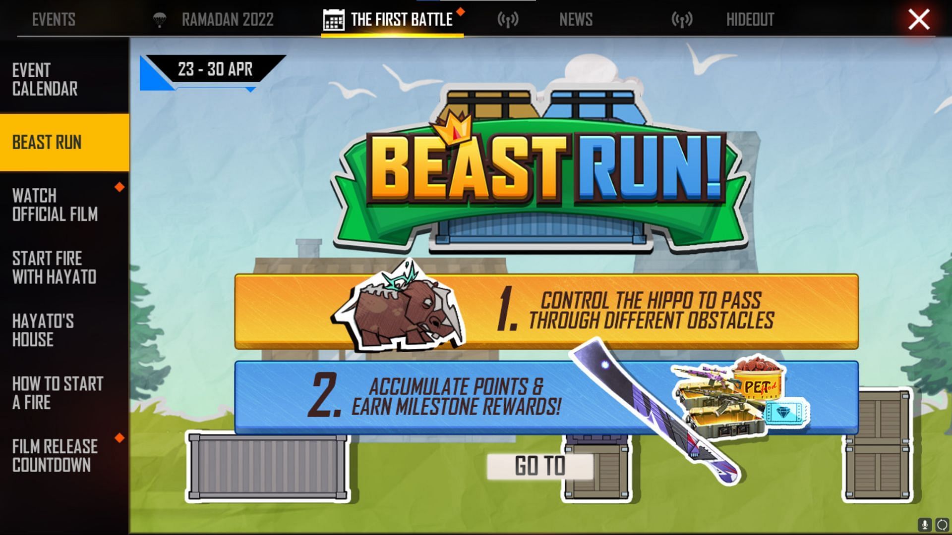 Players will have to tap on the &#039;Go To&#039; button to visit the event (Image via Garena)
