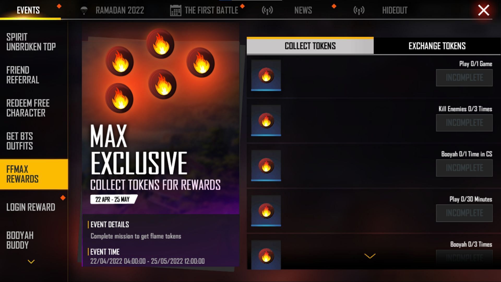 Missions that users must complete to get Flame Tokens (Image via Garena)