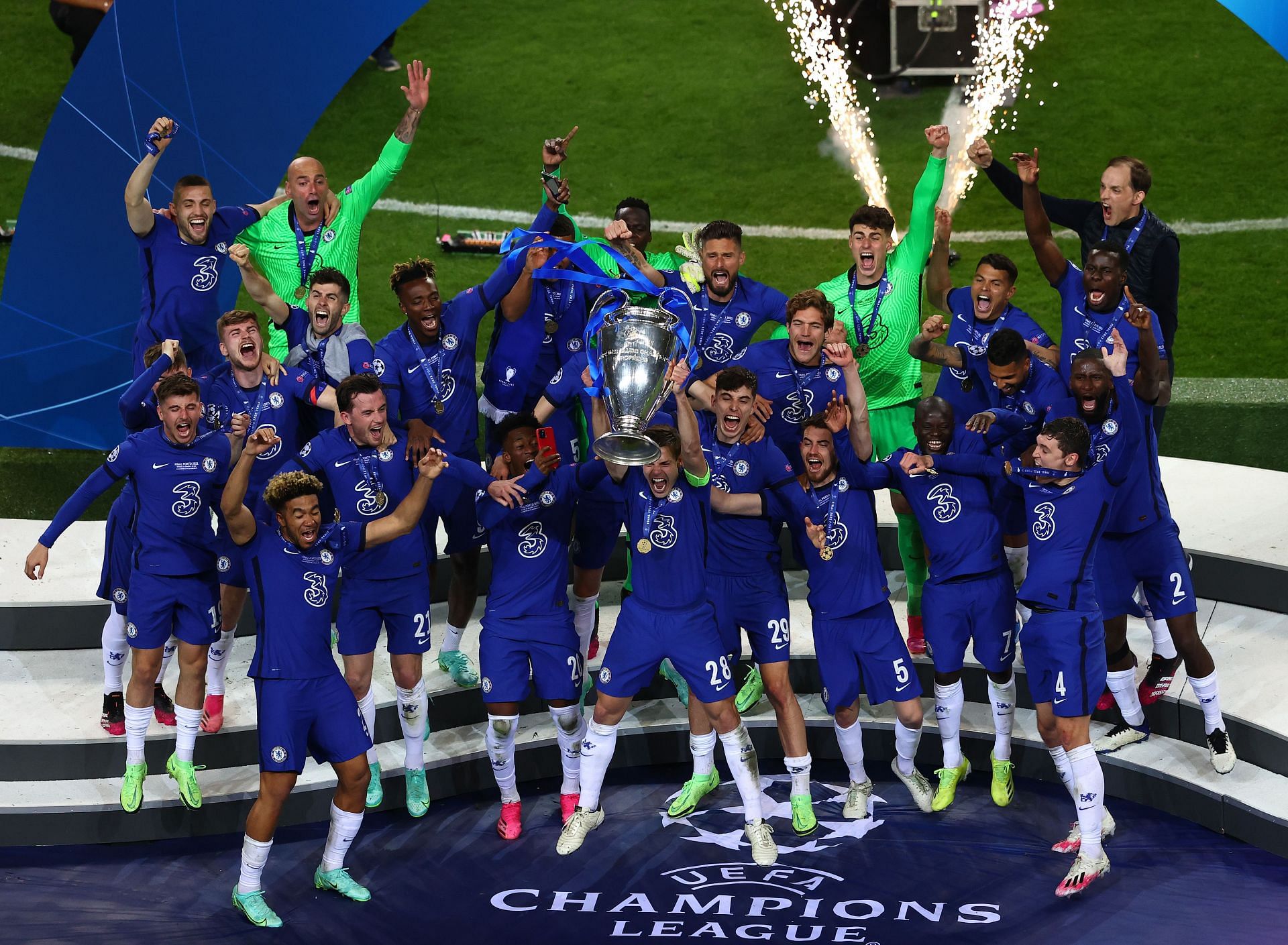 Chelsea celebrate their victory against Manchester City in the 2021 UCL final
