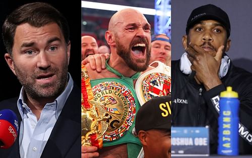 (from left) Eddie Hearn, Tyson Fury, and Anthony Joshua