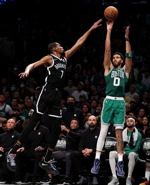 Jayson Tatum shoots over Kevin Durant in Game 3 of Boston Celtics vs Brooklyn Nets