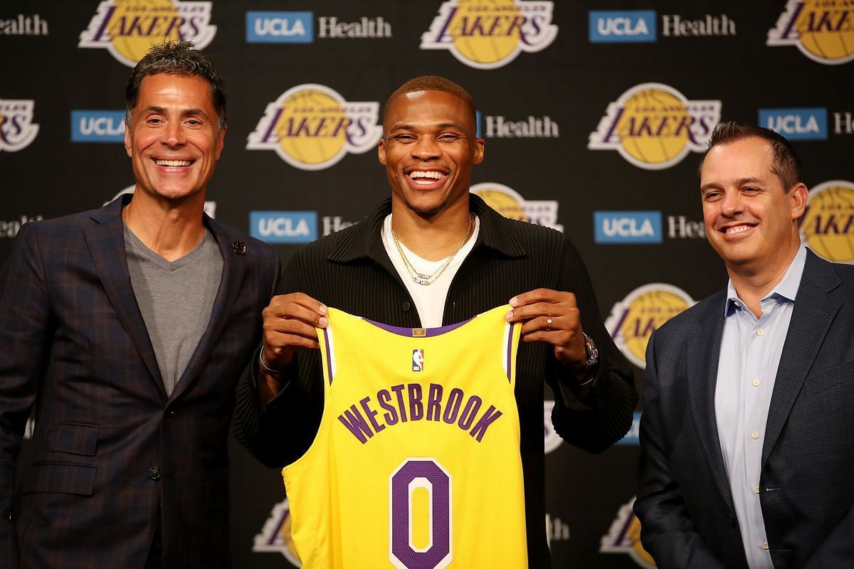 Rob Pelinka and Frank Vogel, unveiling Russell Westbrook to the media