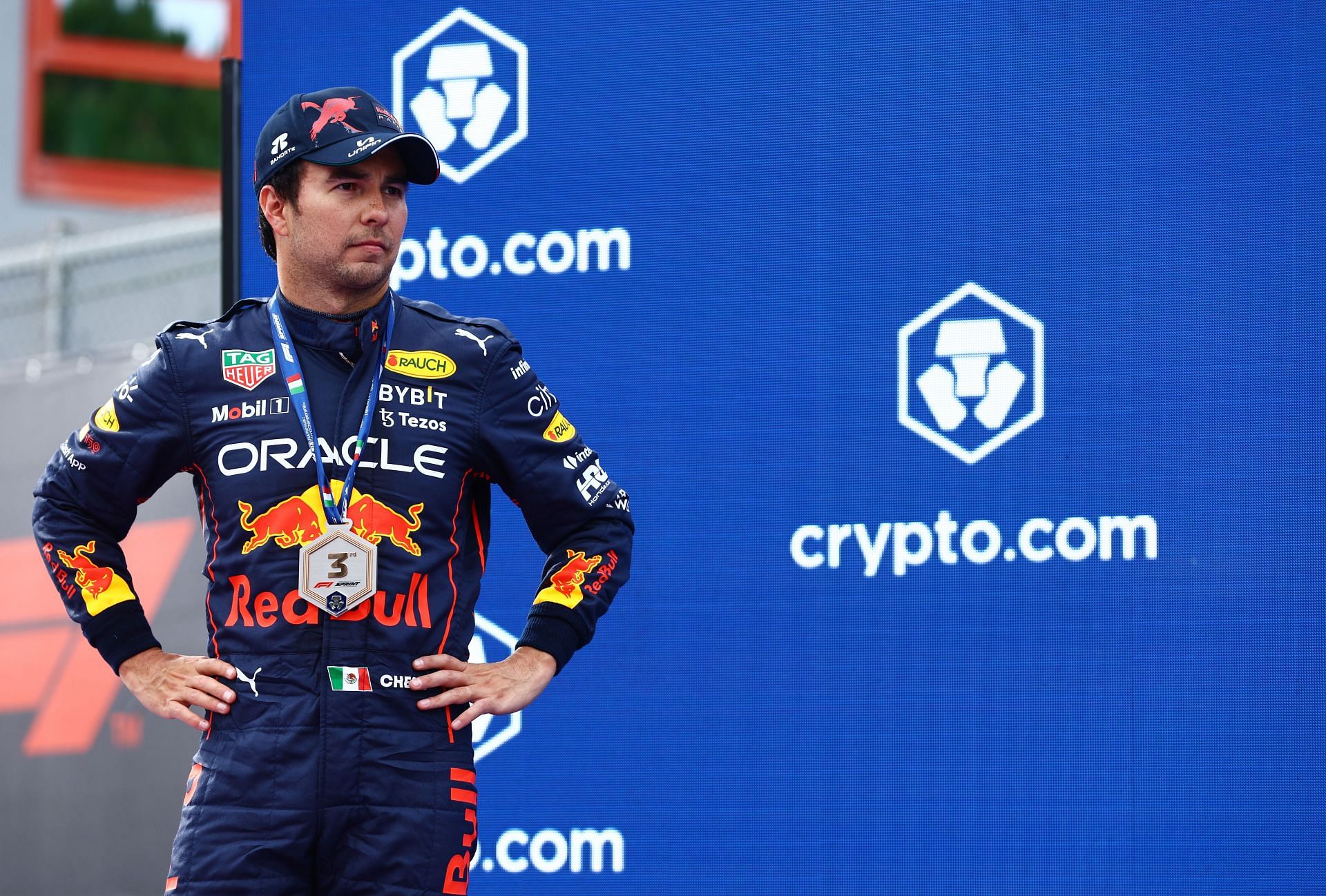 Sergio Perez on the podium after finishing third at the F1 Grand Prix of Emilia Romagna - Sprint Race