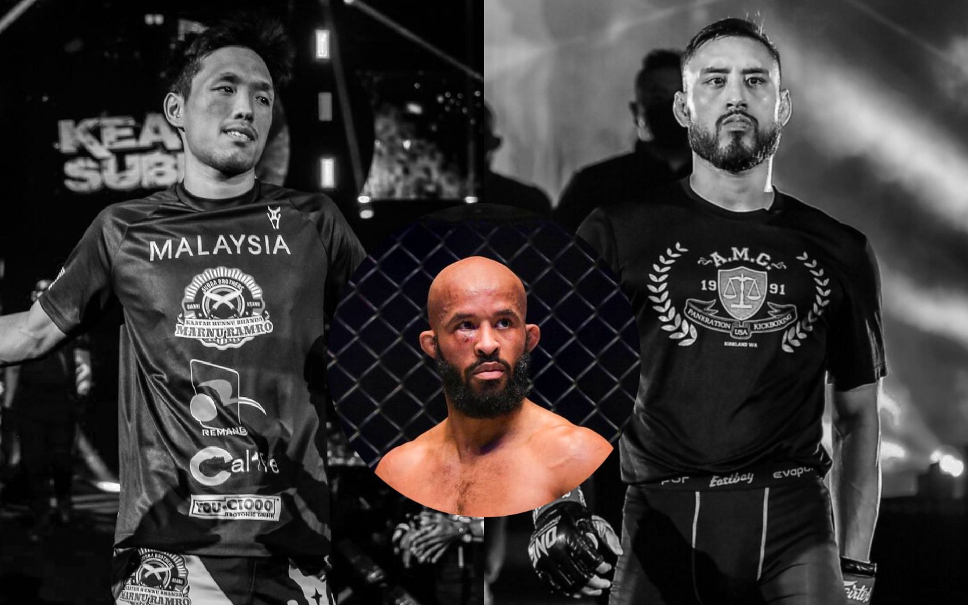 Demetrious Johnson (center circle) believes Keanu Subba (left) is the perfect opponent for his protege James Yang (right) to take the next step. [Photos ONE Championship]