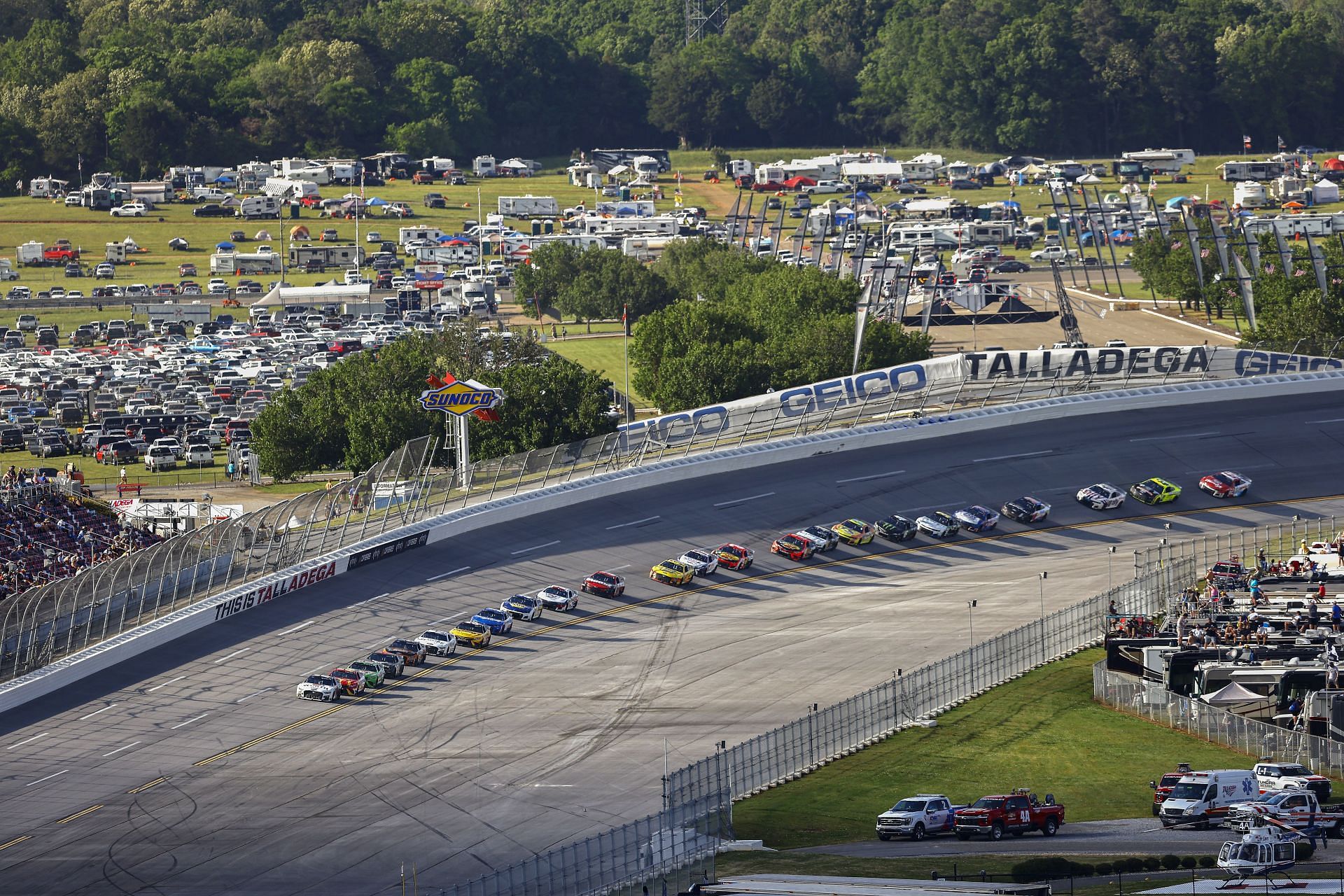 A general view of racing during the NASCAR Cup Series GEICO 500 at Talladega Superspeedway (Photo by James Gilbert/Getty Images)