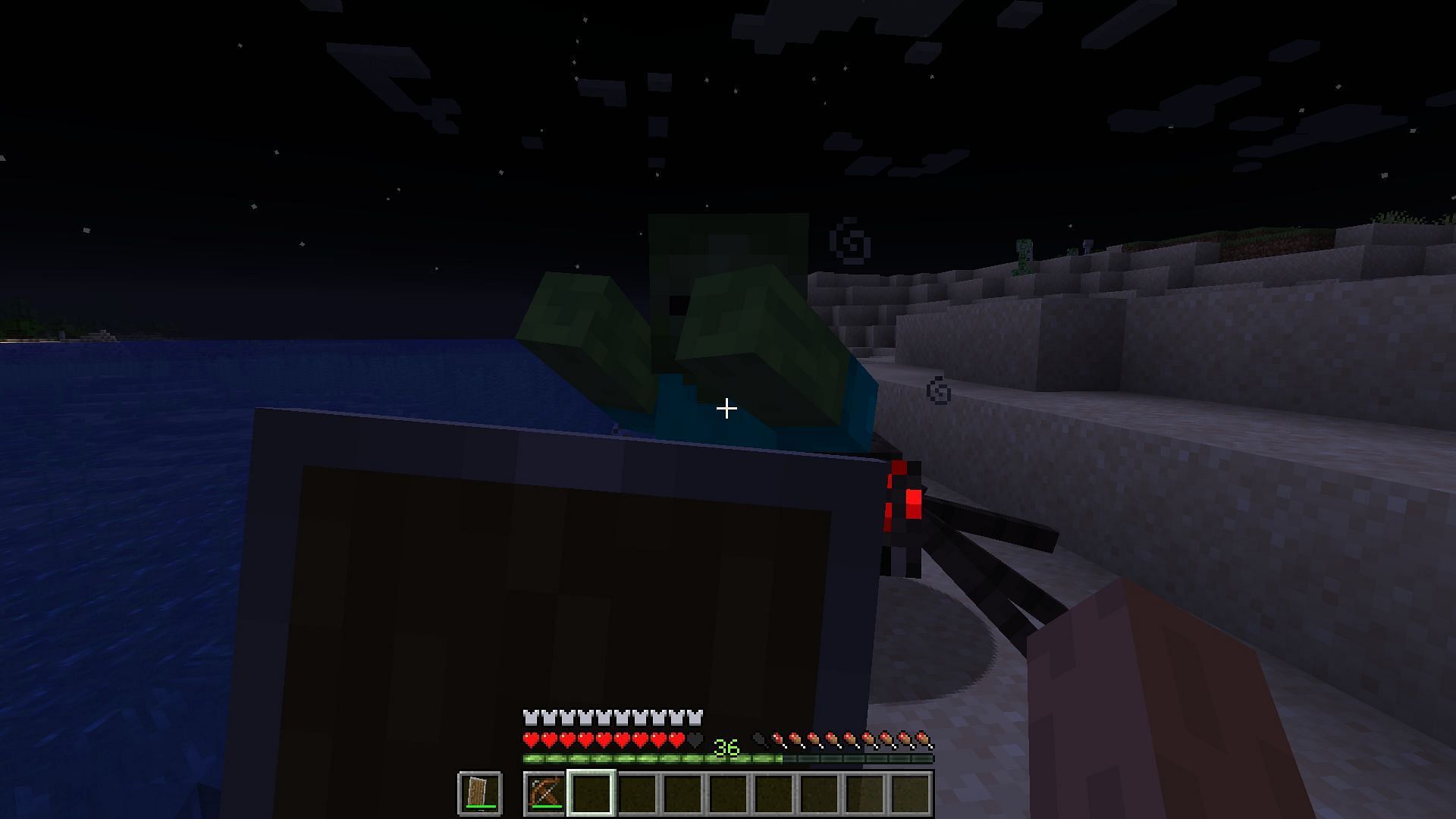 A player using an arrow of weakness and shield on a zombie (Image via Minecraft)