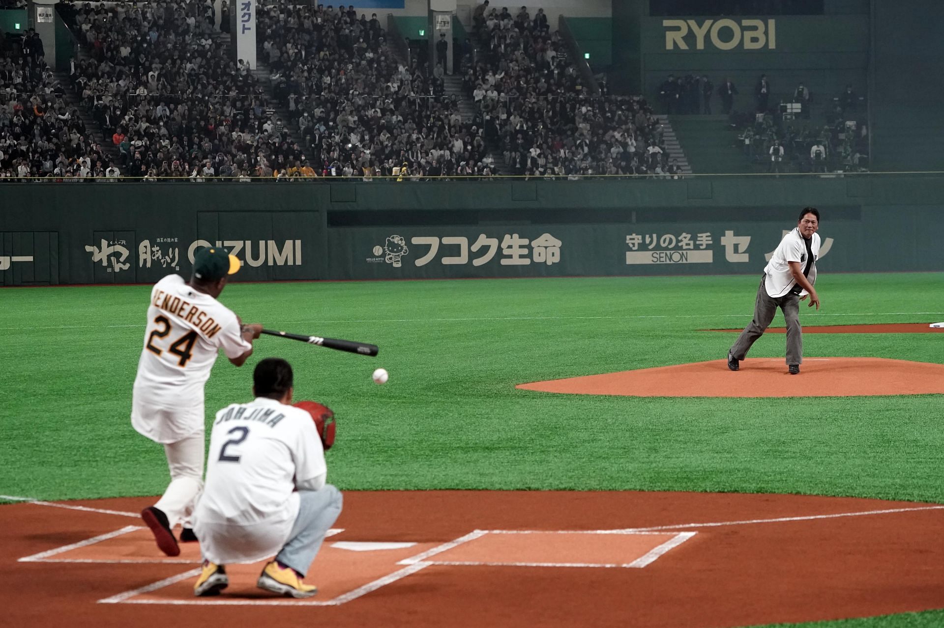 All-time stolen bases leader Rickey Henderson attending the ceremonial first pitch at a game in Japan in 2019
