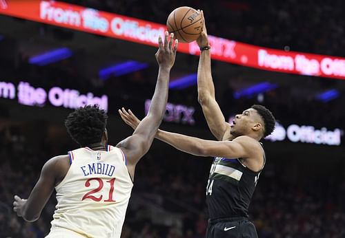 Giannis Antetokounmpo of the Milwaukee Bucks against Joel Embiid of the Philadelphia 76ers