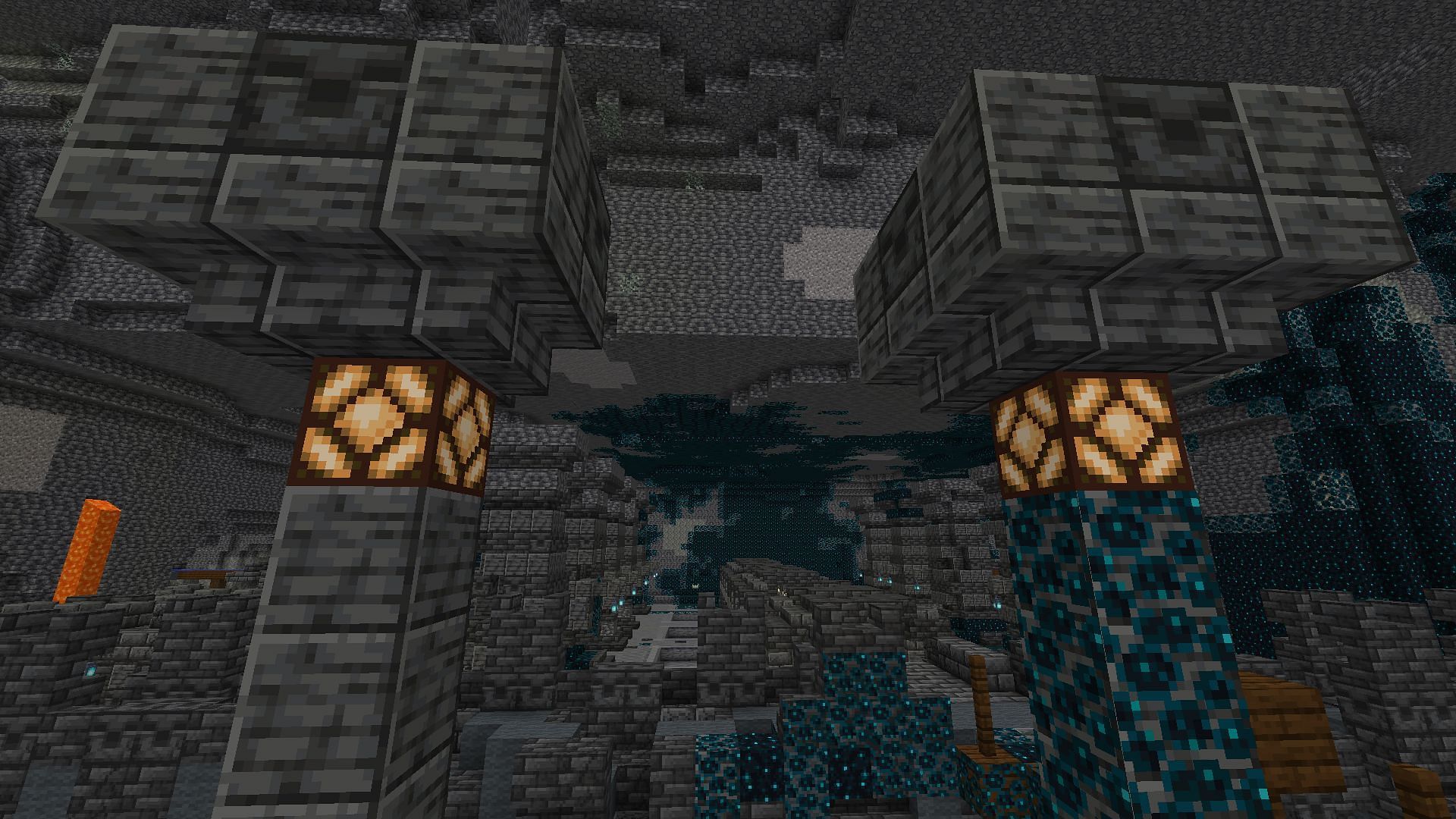 Sculk activated lamps near the main statue (Image via Minecraft)