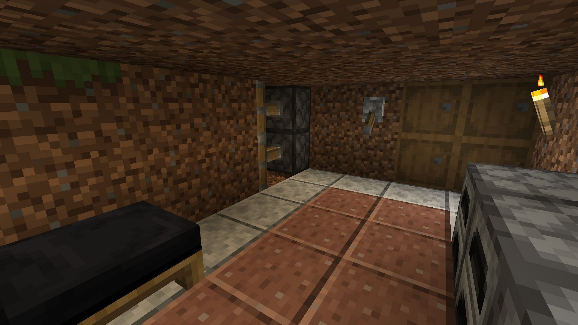 A player with a hidden base using a dirt piston door (Image via Minecraft)