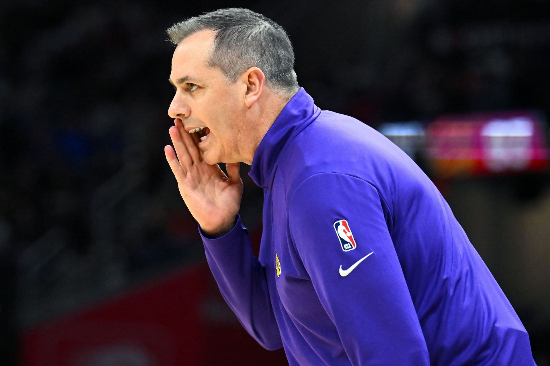 Head coach Frank Vogel of the Los Angeles Lakers yells to his players during the fourth quarter against the Cleveland Cavaliers at Rocket Mortgage Fieldhouse on March 21, 2022 in Cleveland, Ohio. The Lakers defeated the Cavaliers 131-120.