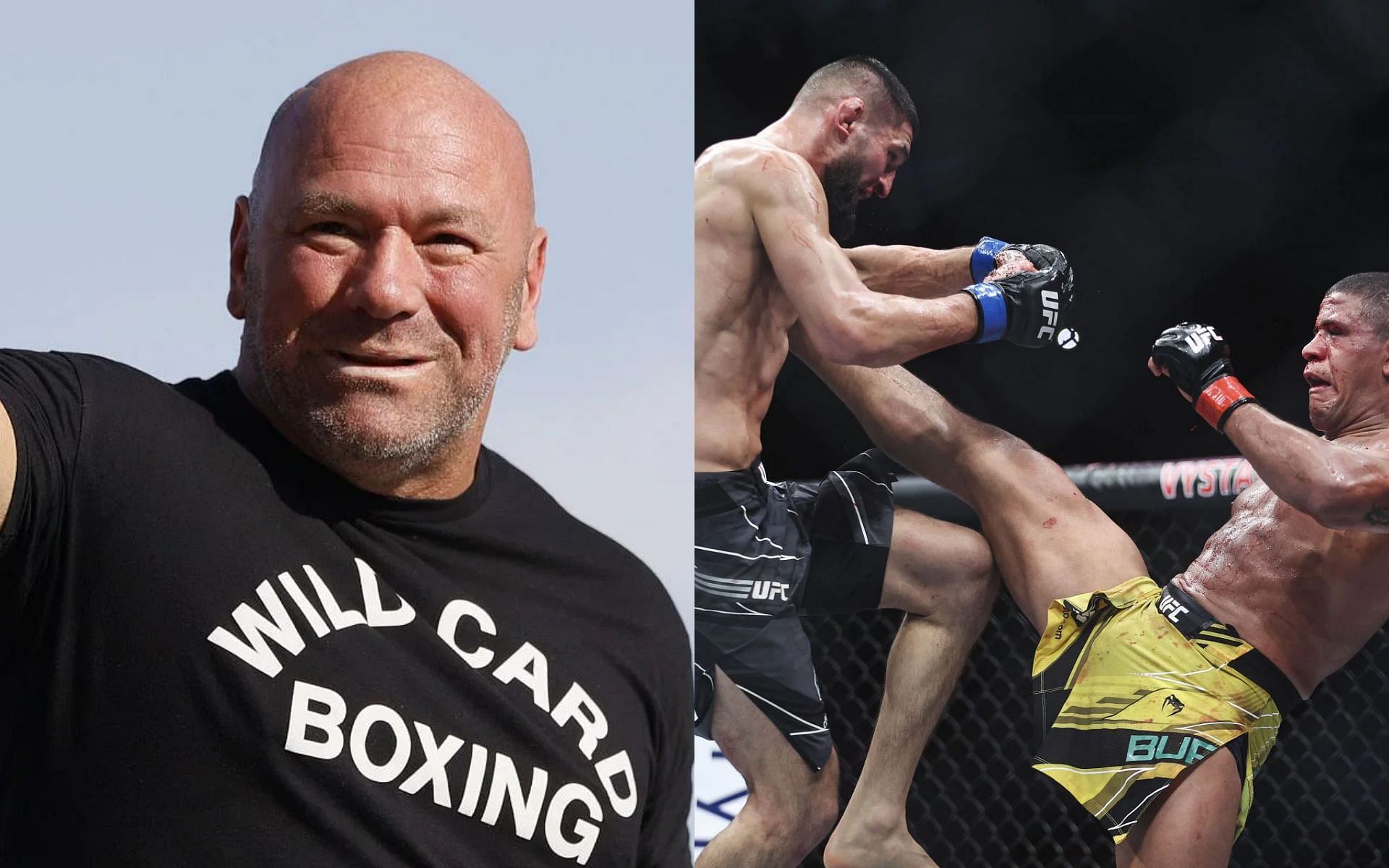 Dana White (left), Gilbert Burns vs. Khamzat Chimaev at UFC 273 (right)