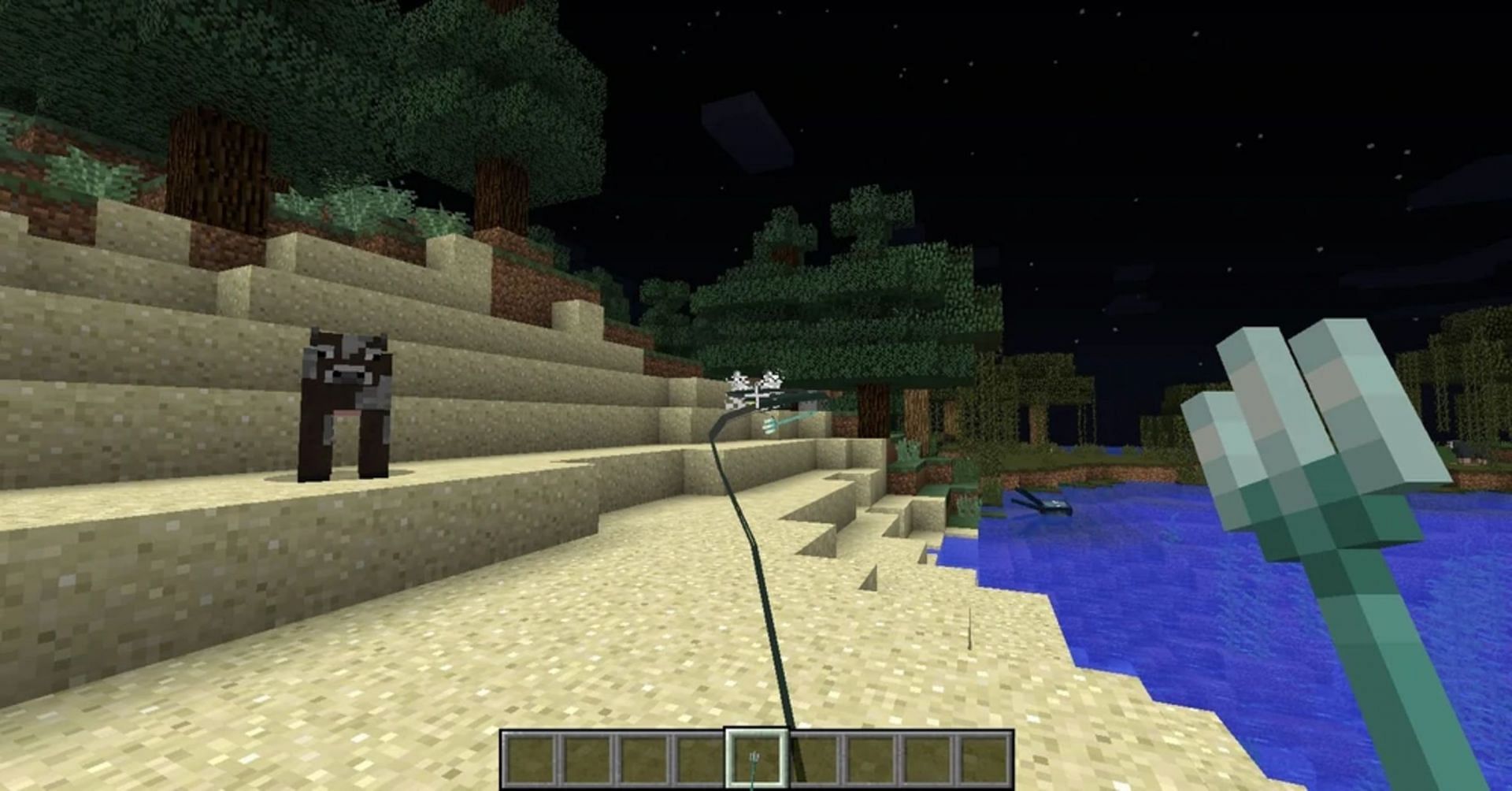 A trident&#039;s cable is visible after being thrown when it&#039;s enchanted with Loyalty (Image via Mojang)