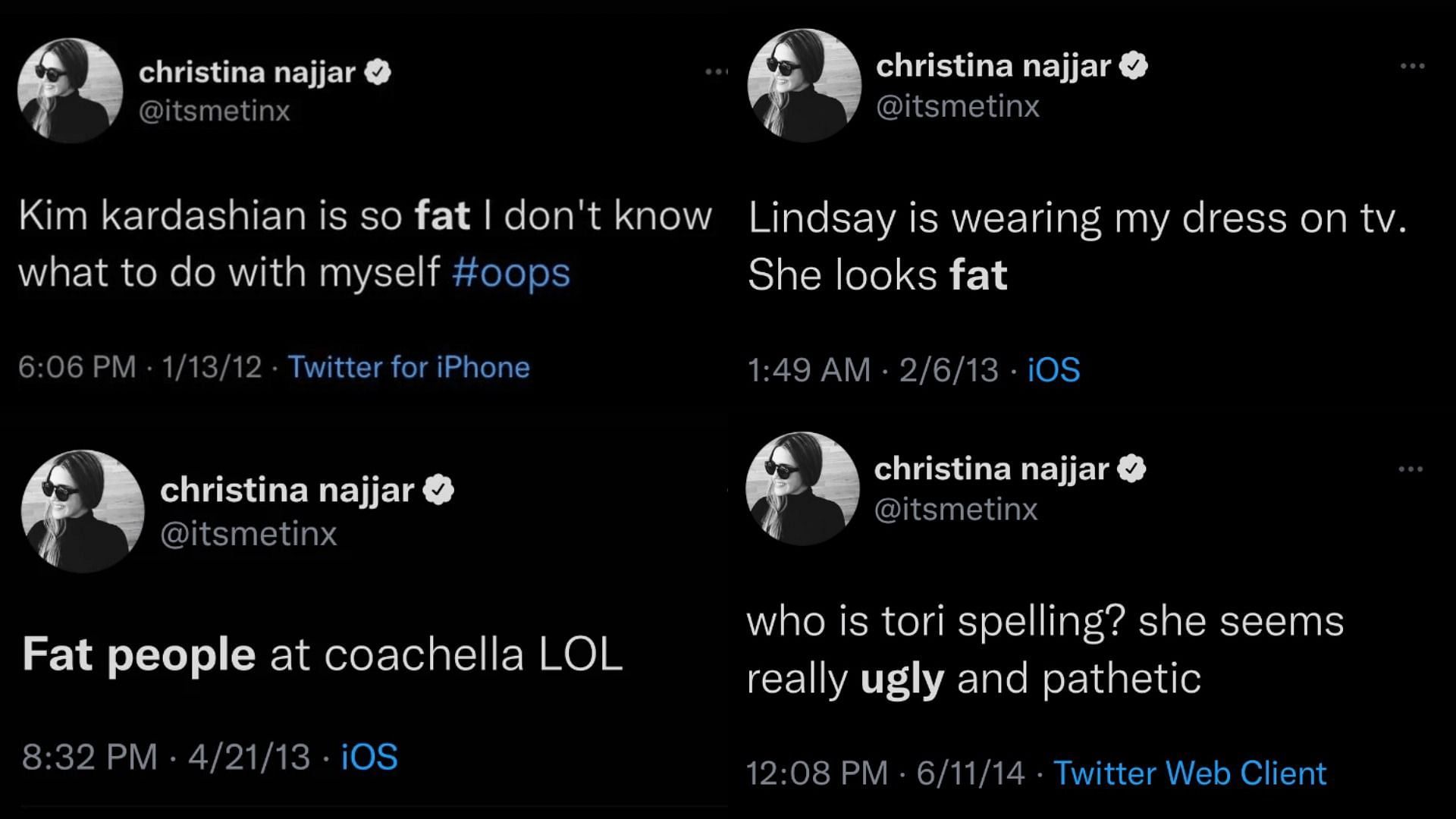 Tweets fat-shaming Kim Kardashian, Lindsay Lohan, and degrading Tori Spelling (Images via r/tinxsnark) 