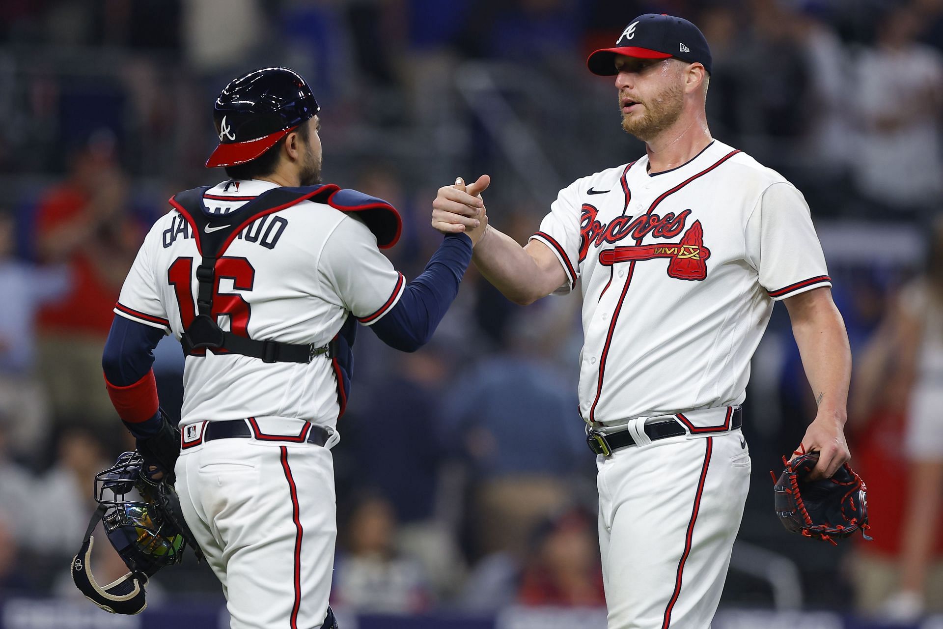 The Atlanta Braves celebrate a victory in Atlanta against the Chicago Cubs. Chicago Cubs v Atlanta Braves