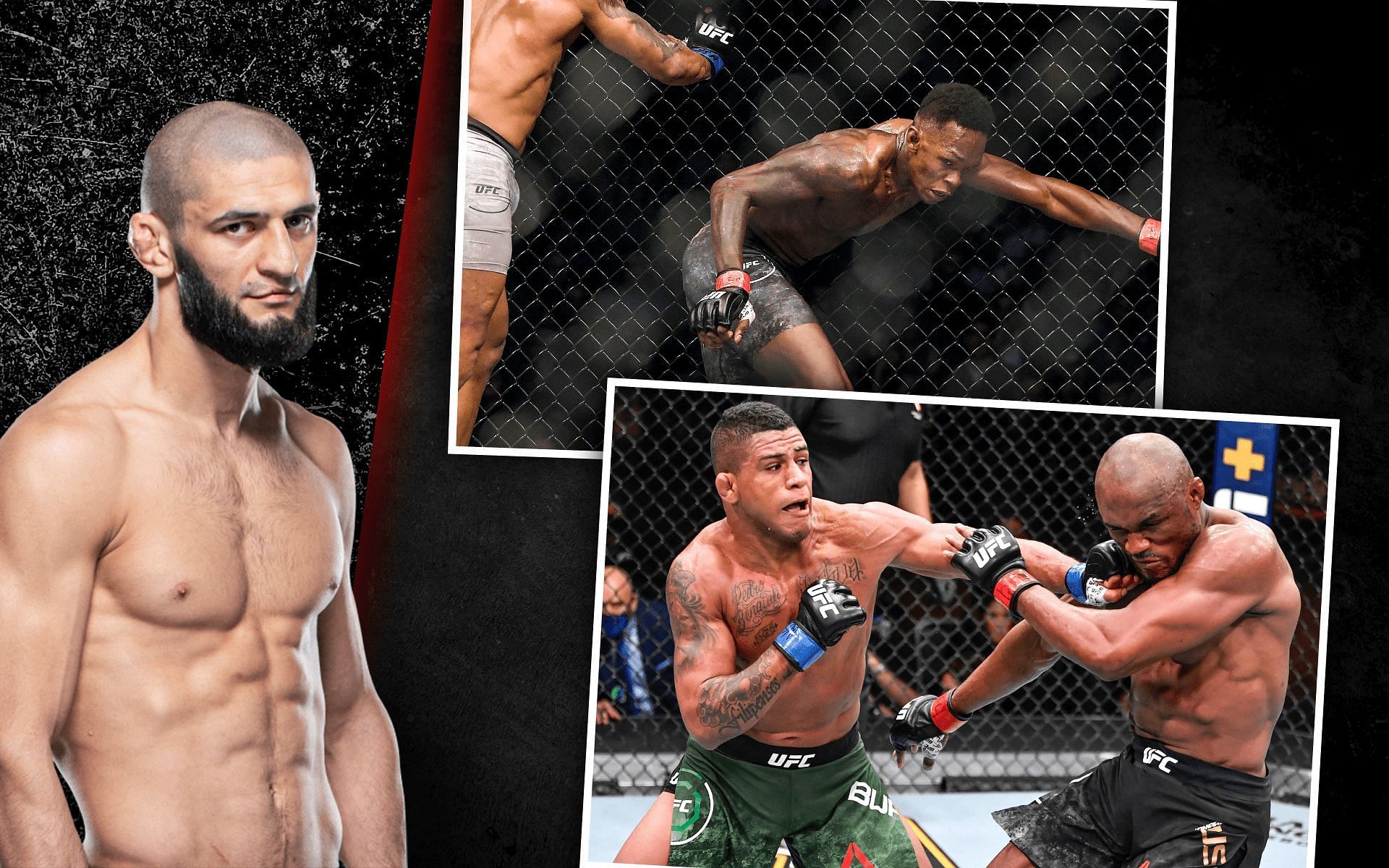 Khamzat Chimaev (left), Israel Adesanya (top right), and Kamaru Usman vs. Gilbert Burns (bottom right) [Left image via ufc.com]