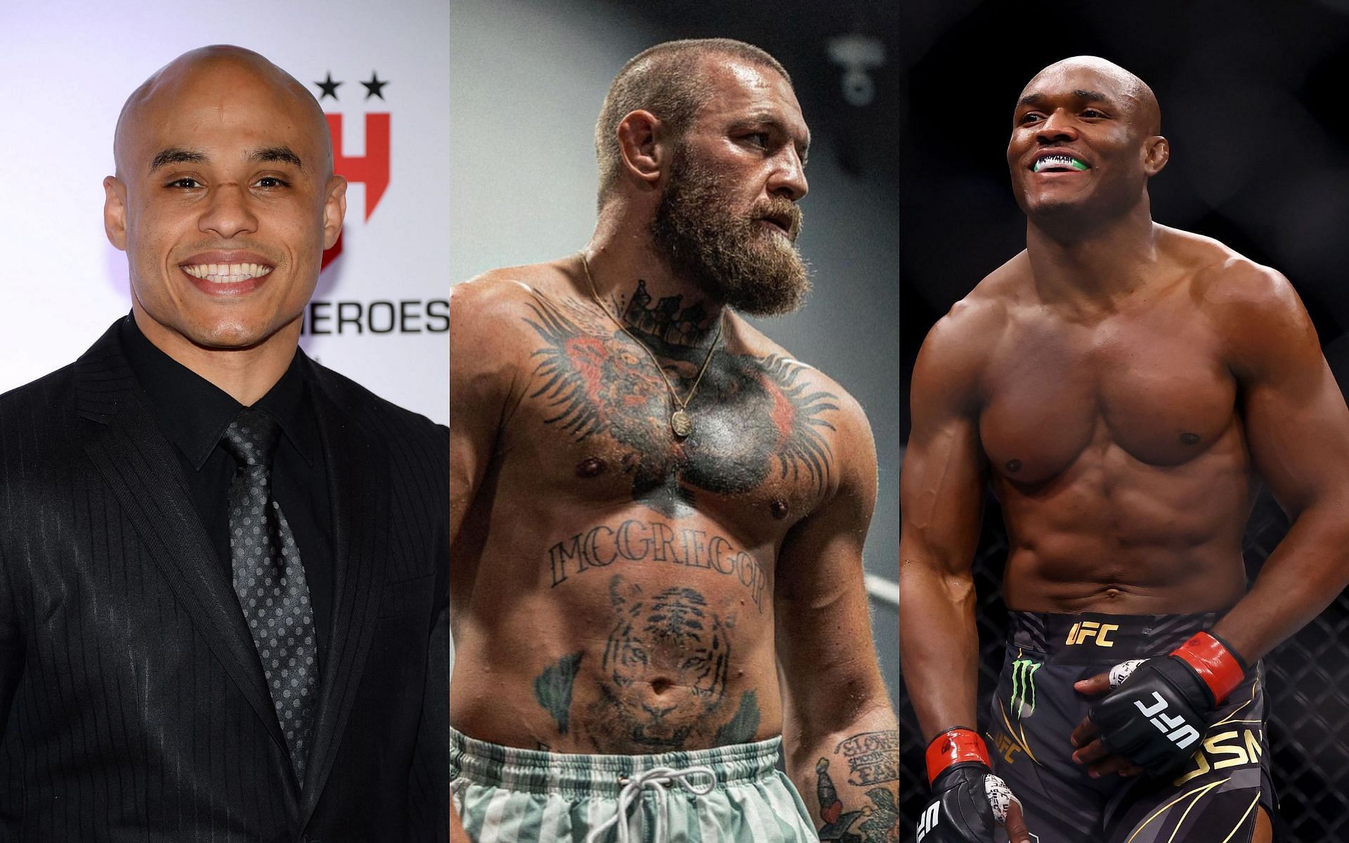 Ali Abdelaziz (left), Conor McGregor (center), Kamaru Usman (right) [Center image courtesy Conor McGregor&#039;s Instagram]