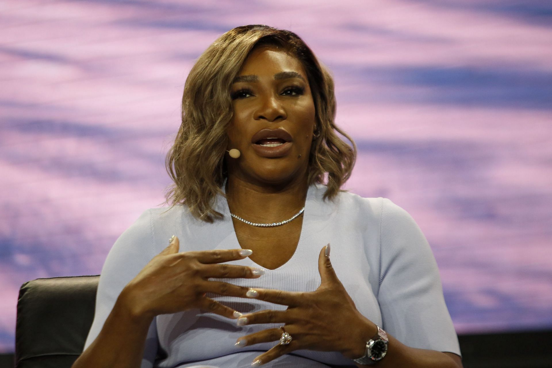 Serena Williams speaks during the Bitcoin 2022 Conference in Miami. Backstage, she shot an Instagram story where she teased her comeback in Wimbledon.
