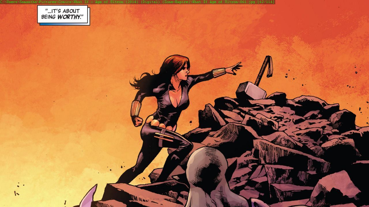 Black Widow reaching for Mjolnir (Image via Marvel Comics)