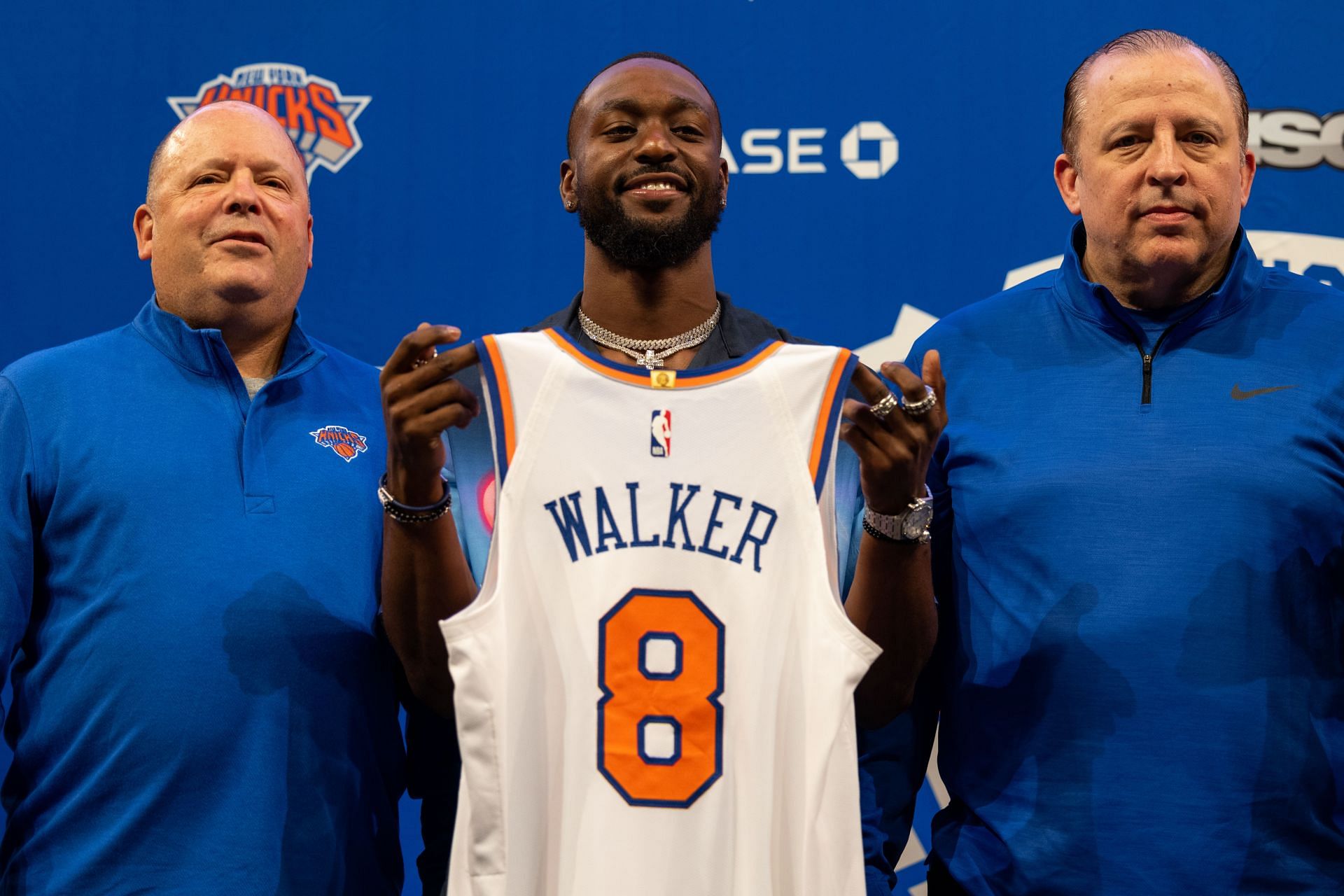 New York Knicks president Leon Rose on the left