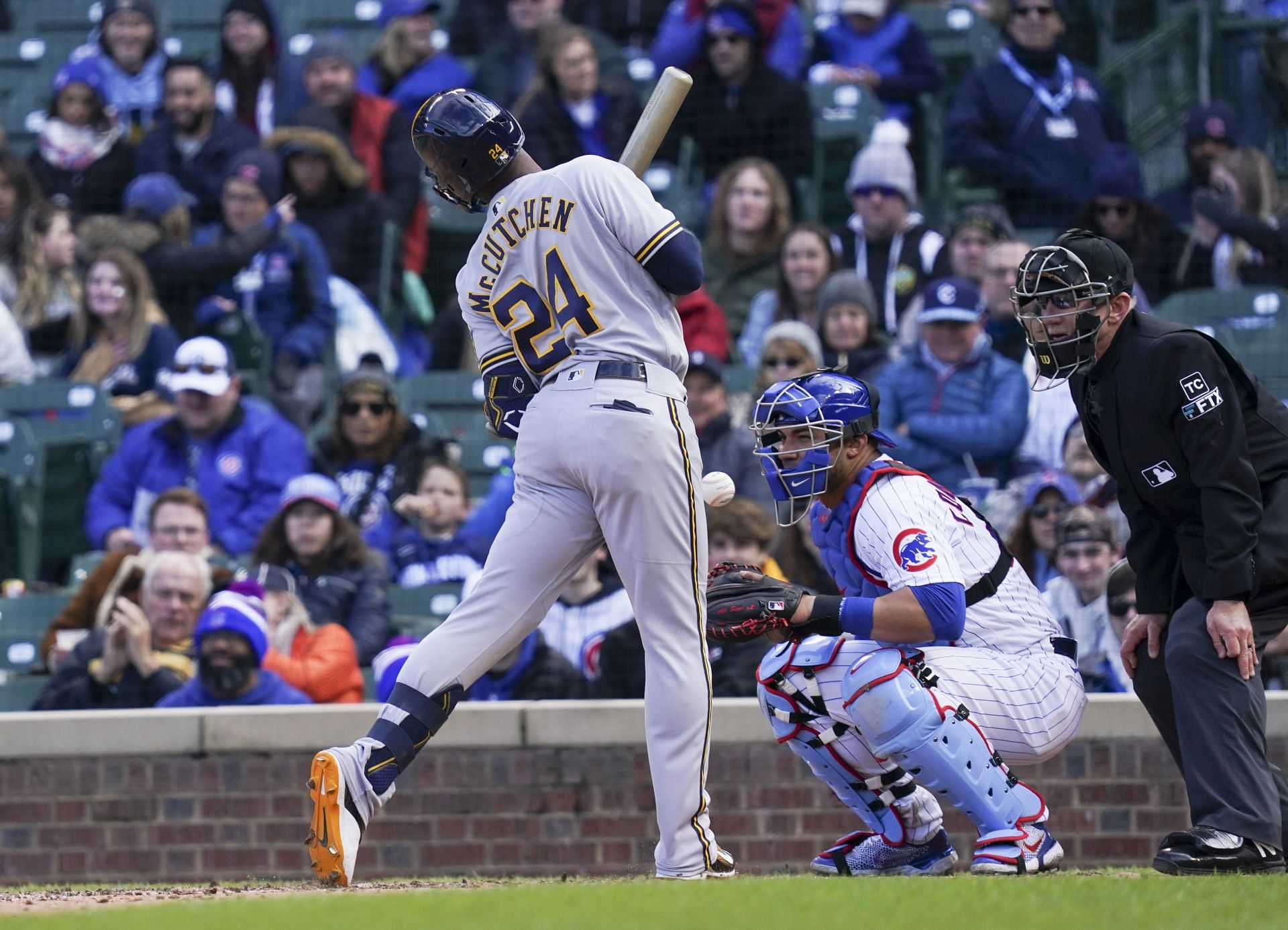 Andrew McCutchen gets hit by a pitch