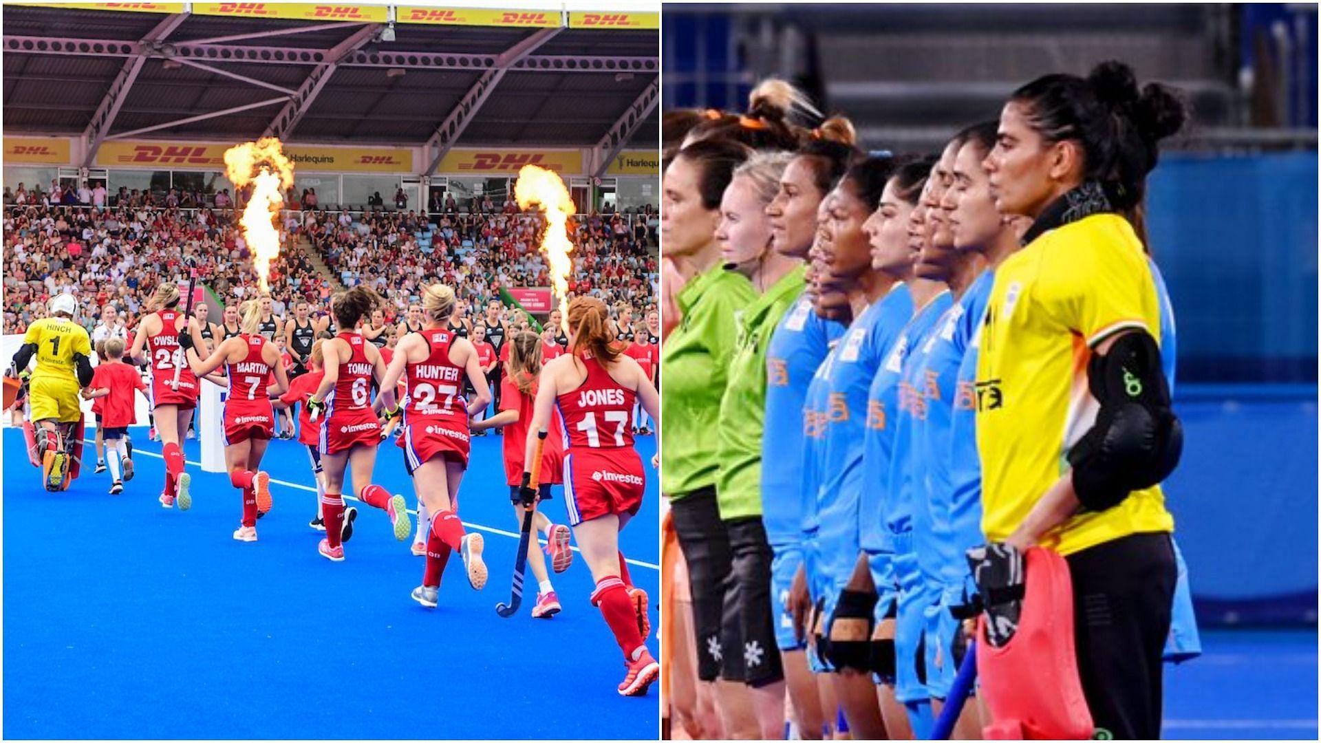 England Women&#039;s team (L) and Indian team (R) (Pic Credit: Hockey India and England)