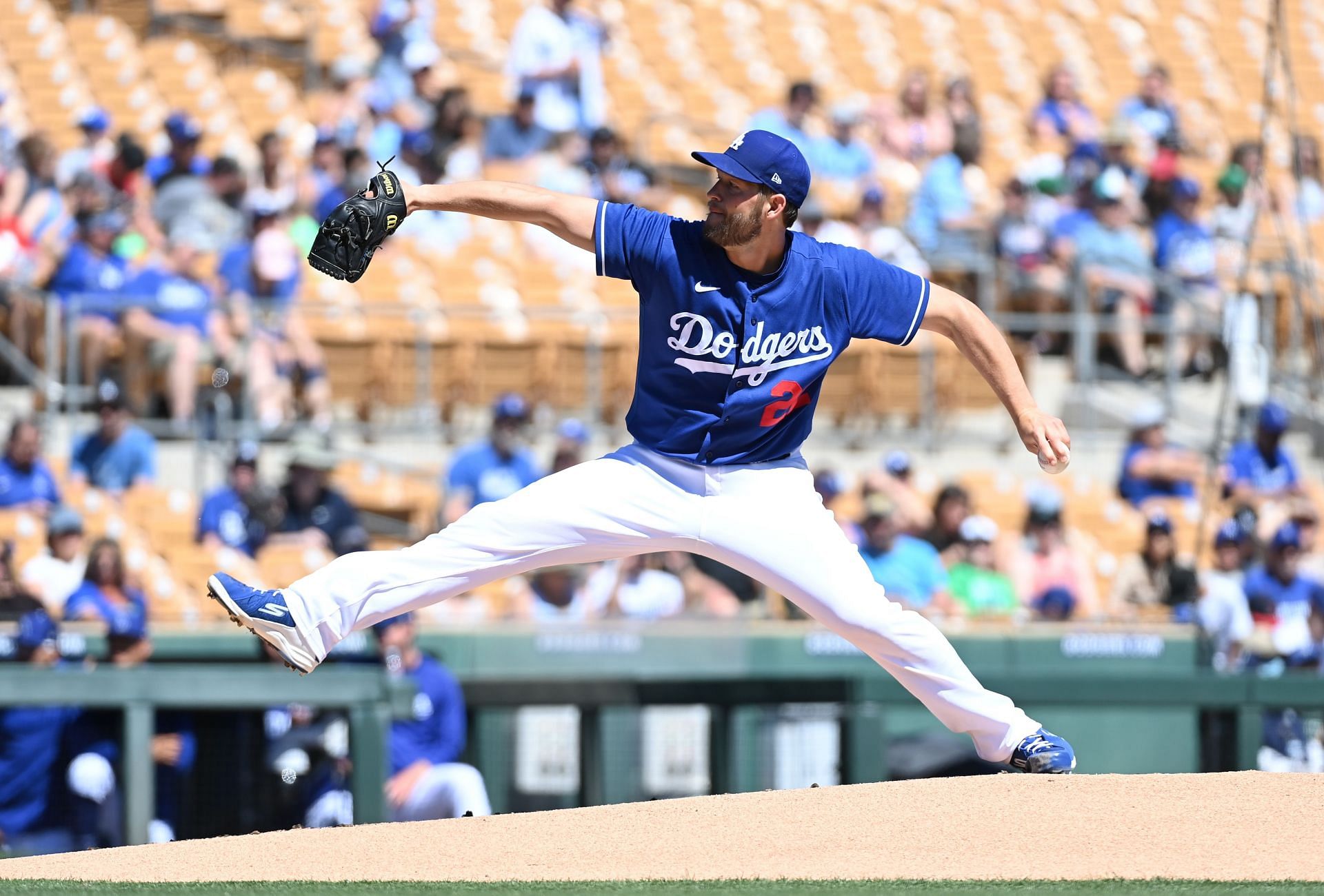 Clayton Kershaw pitches during a Cleveland Guardians v Dodgers game this spring.