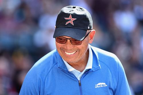 Reggie Jackson throws out first pitch at Houston Astros v Arizona Diamondbacks game