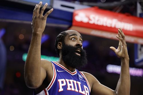 James Harden in action during Toronto Raptors v Philadelphia 76ers - Game One