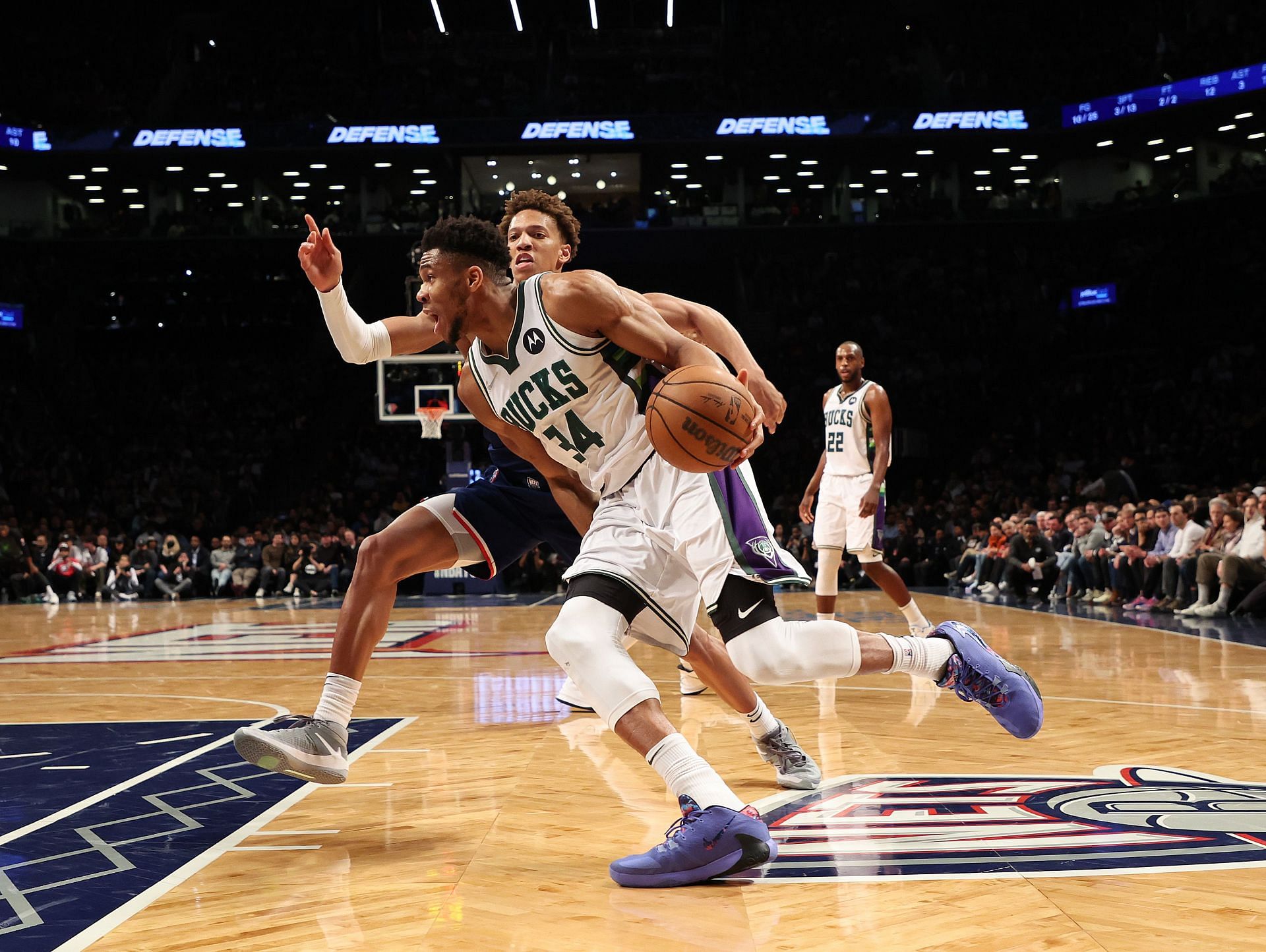 Giannis Antetokounmpo #34 of the Milwaukee Bucks in action against the Brooklyn Nets during their game at Barclays Center on March 31, 2022 in New York City.