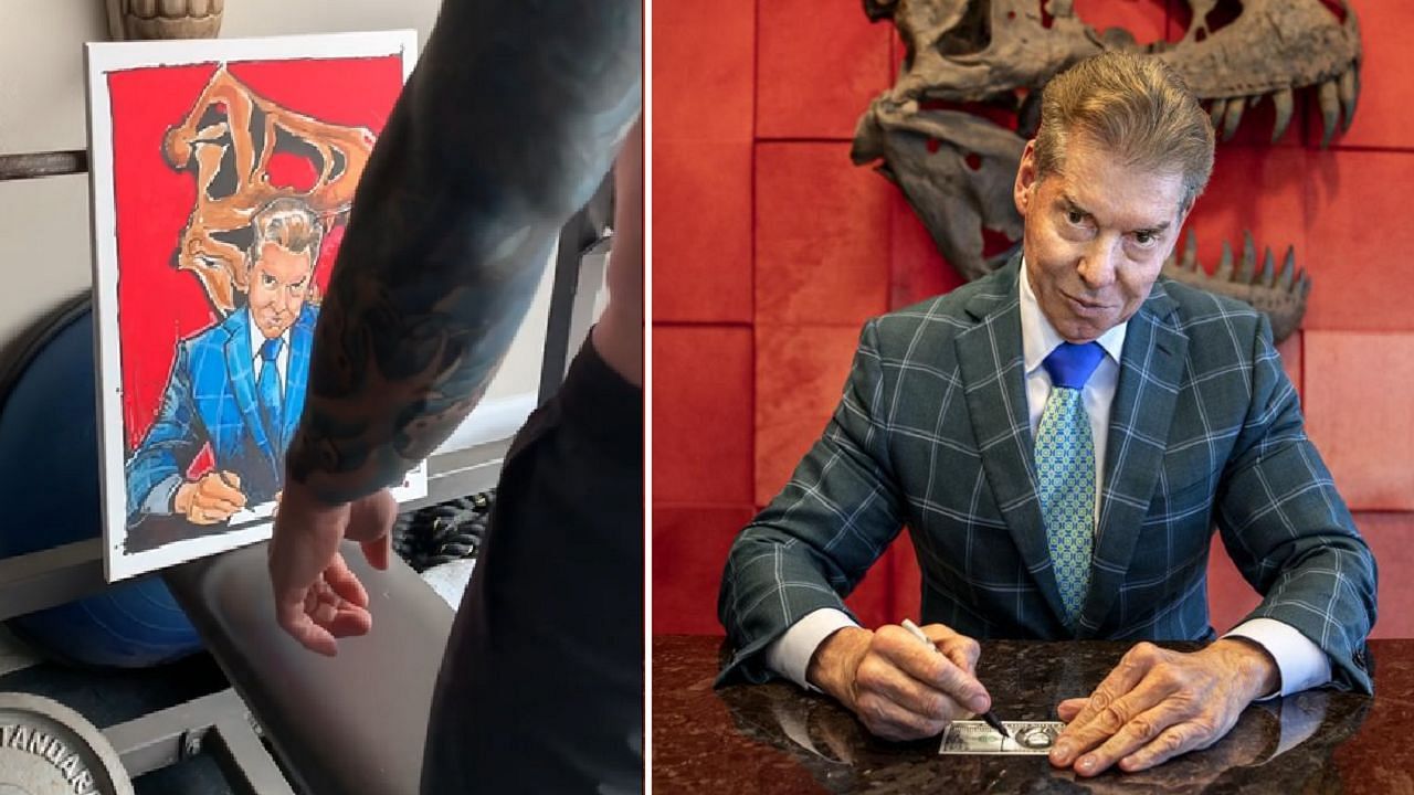 The portrait of Vince McMahon that Lumis shared (left) is based on the picture on the right