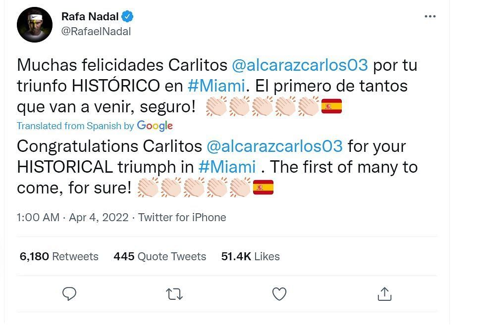 कार्लोस की प्रेरणा रहे राफेल नडाल ने खुद ट्वीट कर उन्हें बधाई दी।