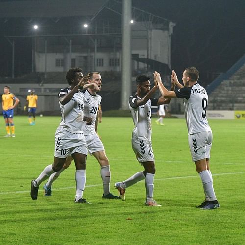 Mohammedan SC players celebrate a goal against Real Kashmir FC (Image Courtesy: Mohammedan SC Instagram)