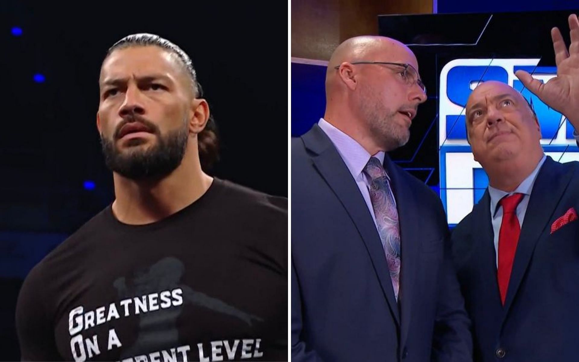 Roman Reigns (left); Adam Pearce and Paul Heyman (right)