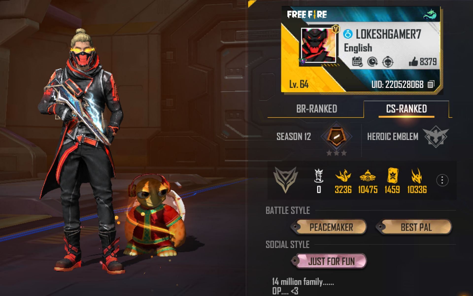 Lokesh Gamer&rsquo;s Free Fire MAX ID (Image via Garena)