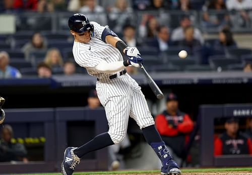 NEW YORK, NEW YORK - APRIL 22: Aaron Judge #99 of the New York Yankees hits a two run home run