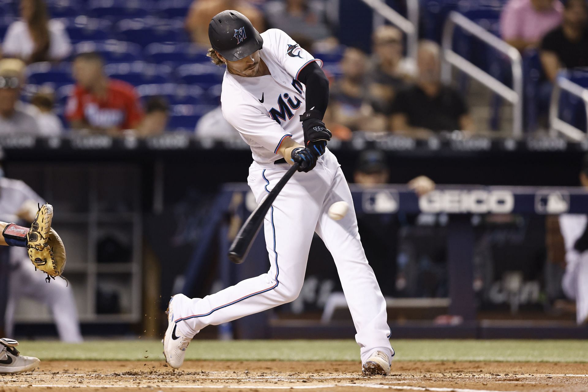 Brian Anderson swings at a pitch in a Atlanta Braves v Miami Marlins game.