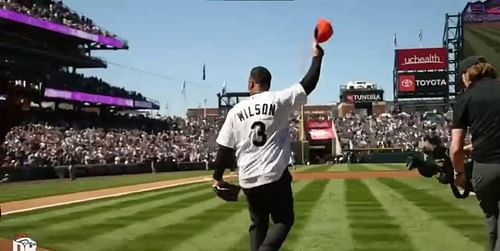 Denver Broncos quarterback stepping onto baseball field - Credit: @Broncos