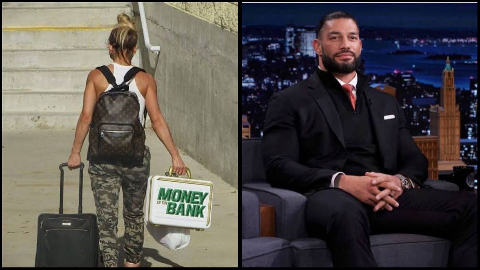 Carmella with MITB briefcase and Roman Reigns at Tonight Show with Jimmy Fallon