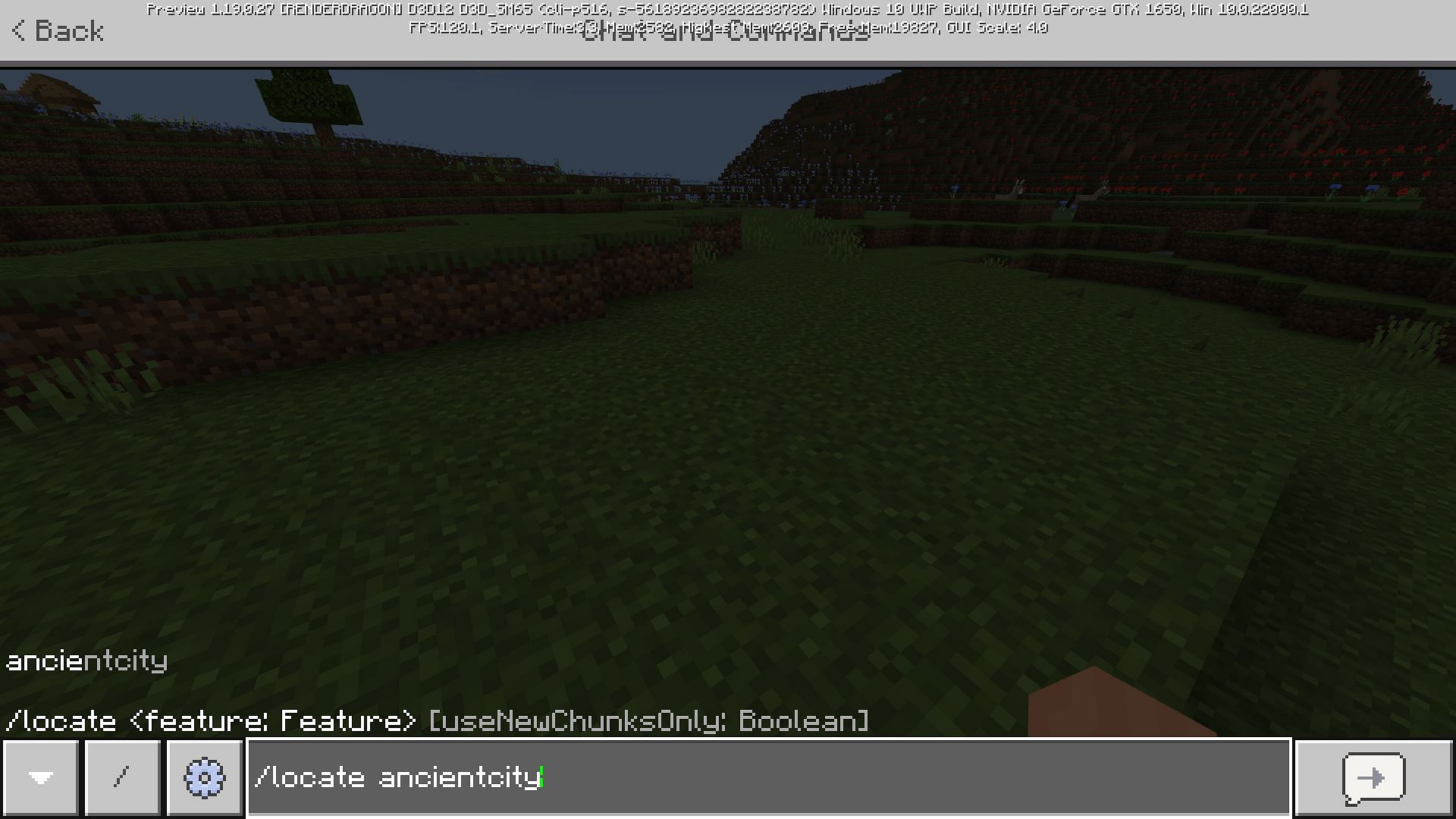 command to find Ancient City (Image via Minecraft Bedrock Edition Beta Preview)