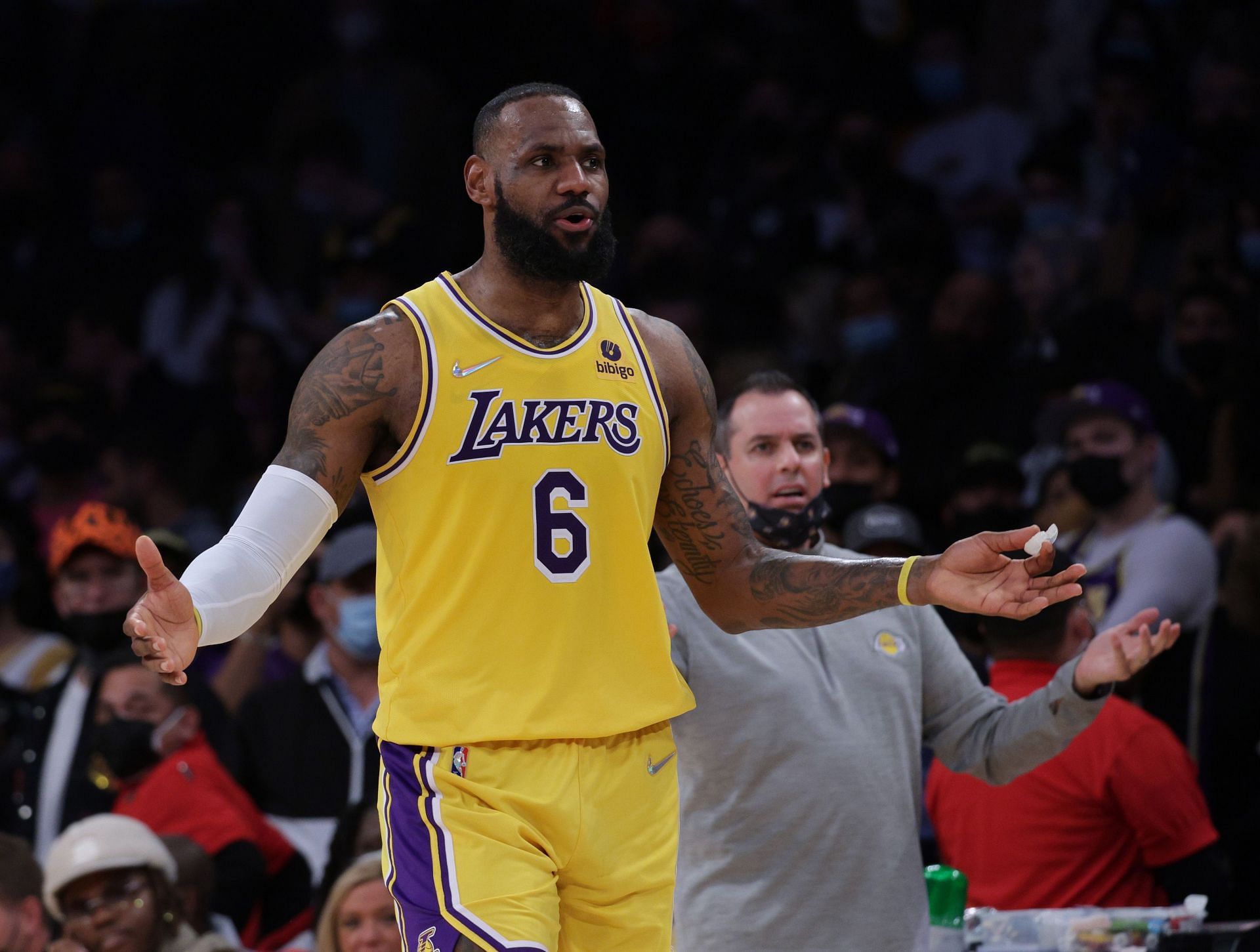 Frank Vogel and LeBron James react to a foul call during Sacramento Kings v Los Angeles Lakers