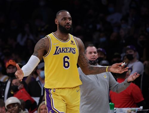 Frank Vogel and LeBron James react to a foul call during Sacramento Kings v Los Angeles Lakers