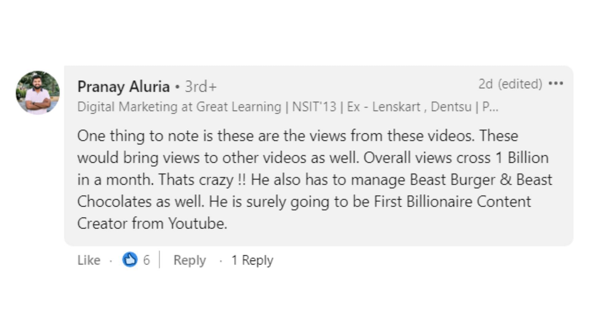 &quot;He is surely going to be (the) First Billionaire Content Creator from YouTube (image via LinkedIn)