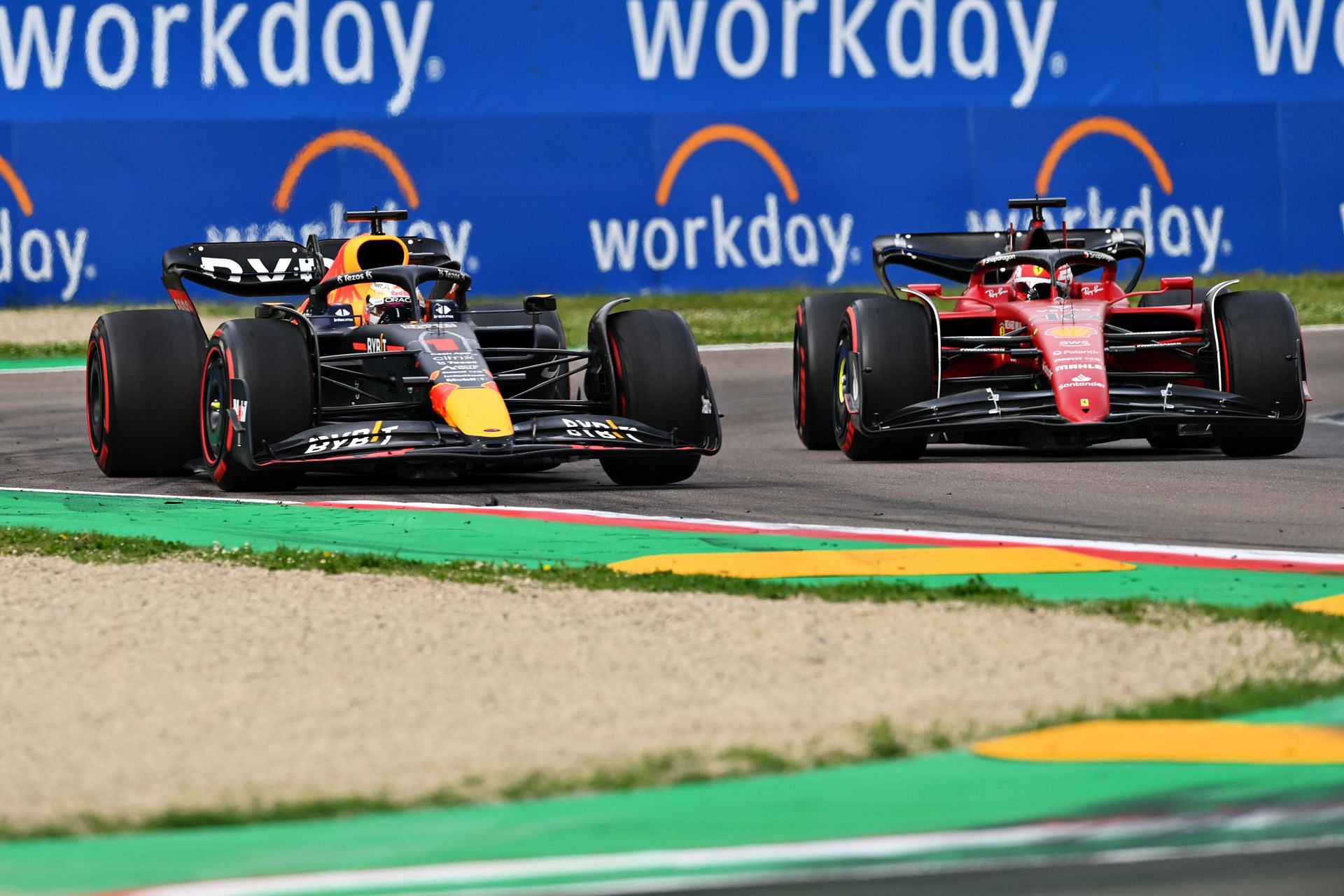 Red Bull&#039;s Max Verstappen (left) overtakes Ferrari&#039;s Charles Leclerc (right) during the 2022 F1 Imola GP Sprint (Photo by Dan Mullan/Getty Images)