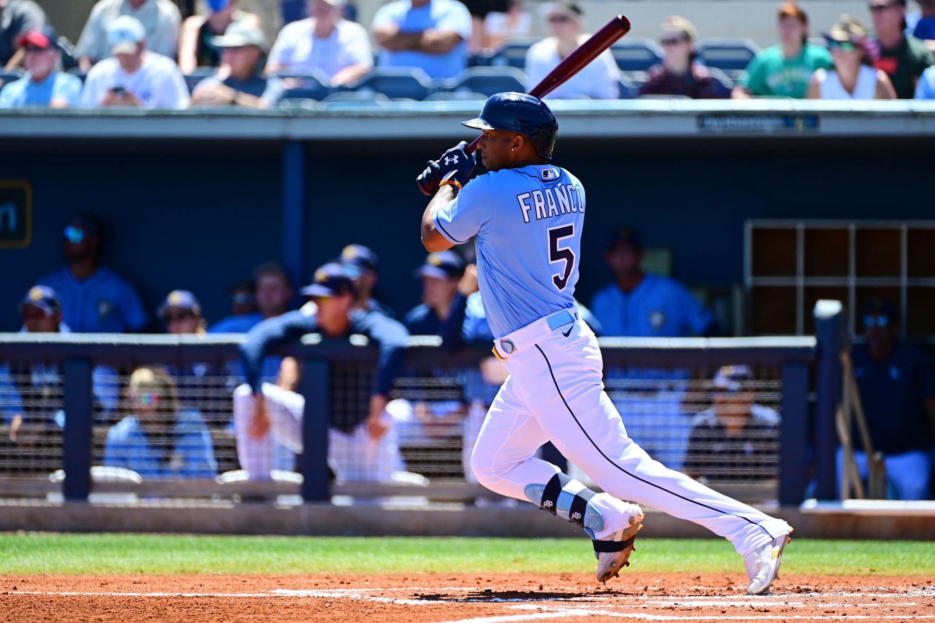 Wander Franco connects on a pitch in a game against the Minnesota Twins v Tampa Bay Rays