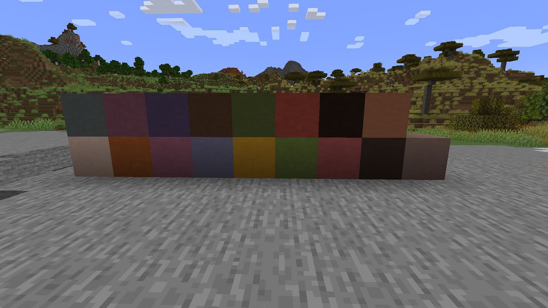 The sixteen colors of terracotta (Image via Minecraft)