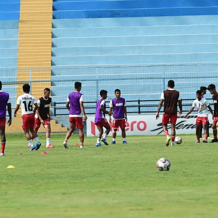 Sudeva Delhi FC players during their pre-match warm-up ahead of the clash against Kenkre FC (Image Courtesy: I-League Instagram)