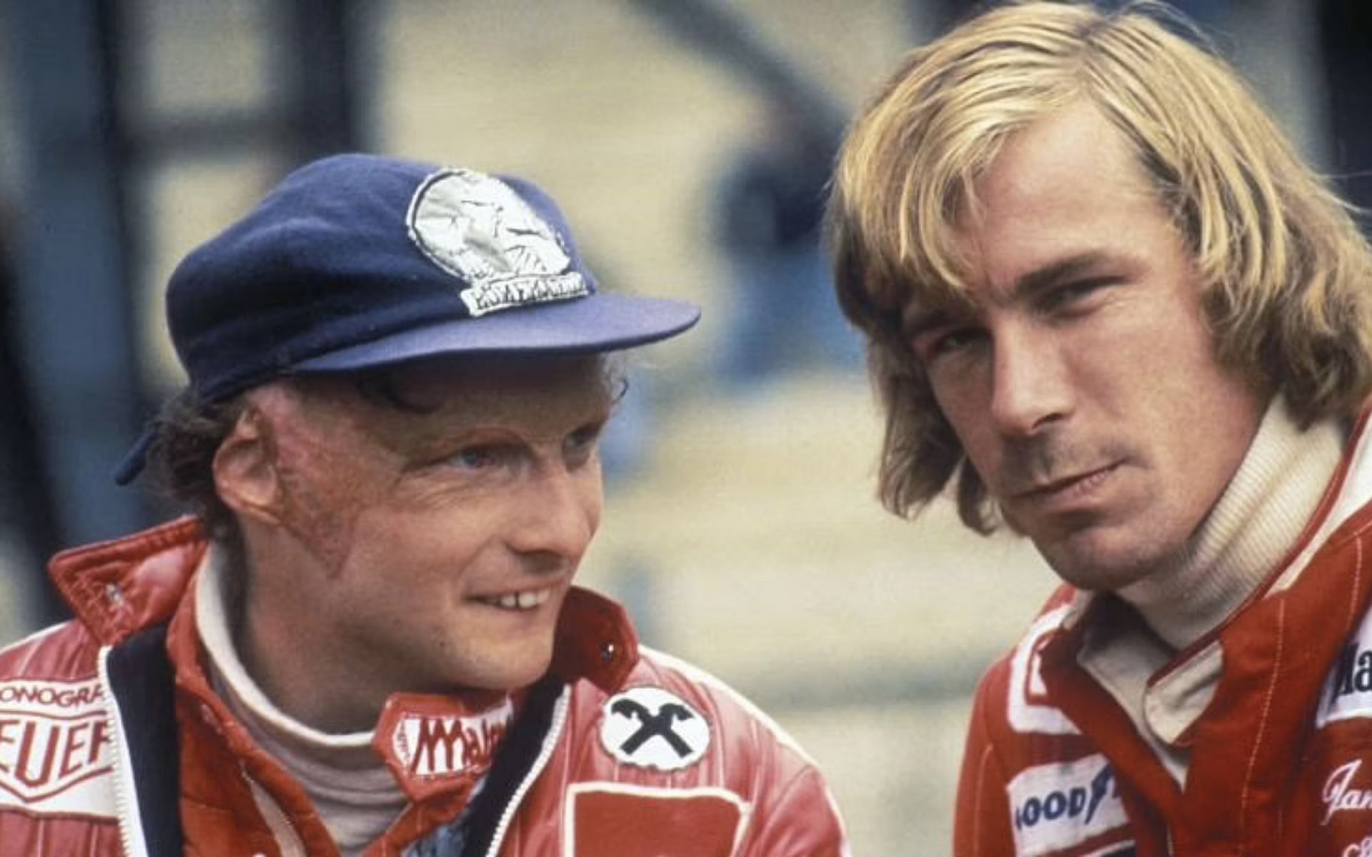 F1 world champions Niki Lauda (left) and James Hunt (right)
