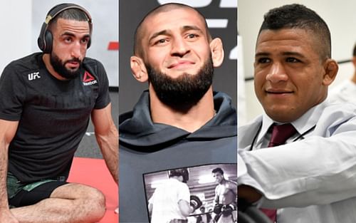 Belal Muhammad (left); Khamzat Chimaev (center); Gilbert Burns (right)